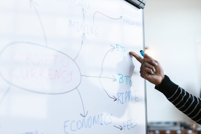 person writing on a whiteboard